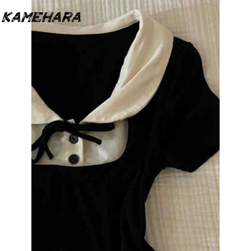 ▥ KAMEHARA Y2kหวานslimtshirt Gothปลอม 2 ชิ้นvintage Punkแขนสั้น 2000Sปุ่มcrop TOP Chic Oคอharuk