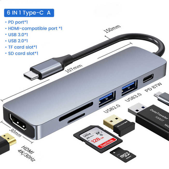 Typec 6 in 1 Docking Station US B 3. 0H Splitter DM I HD Transmission มัลติฟังก์ชั่นขยาย