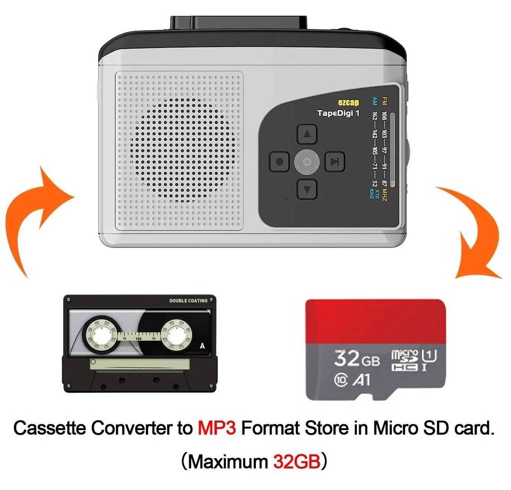 Ezcap234 เทปเครื่องเล่นเทปคาสเซ็ต AM/FM เครื่องบันทึกวิทยุ Cassette To MP3 Converter To TF Card Audi