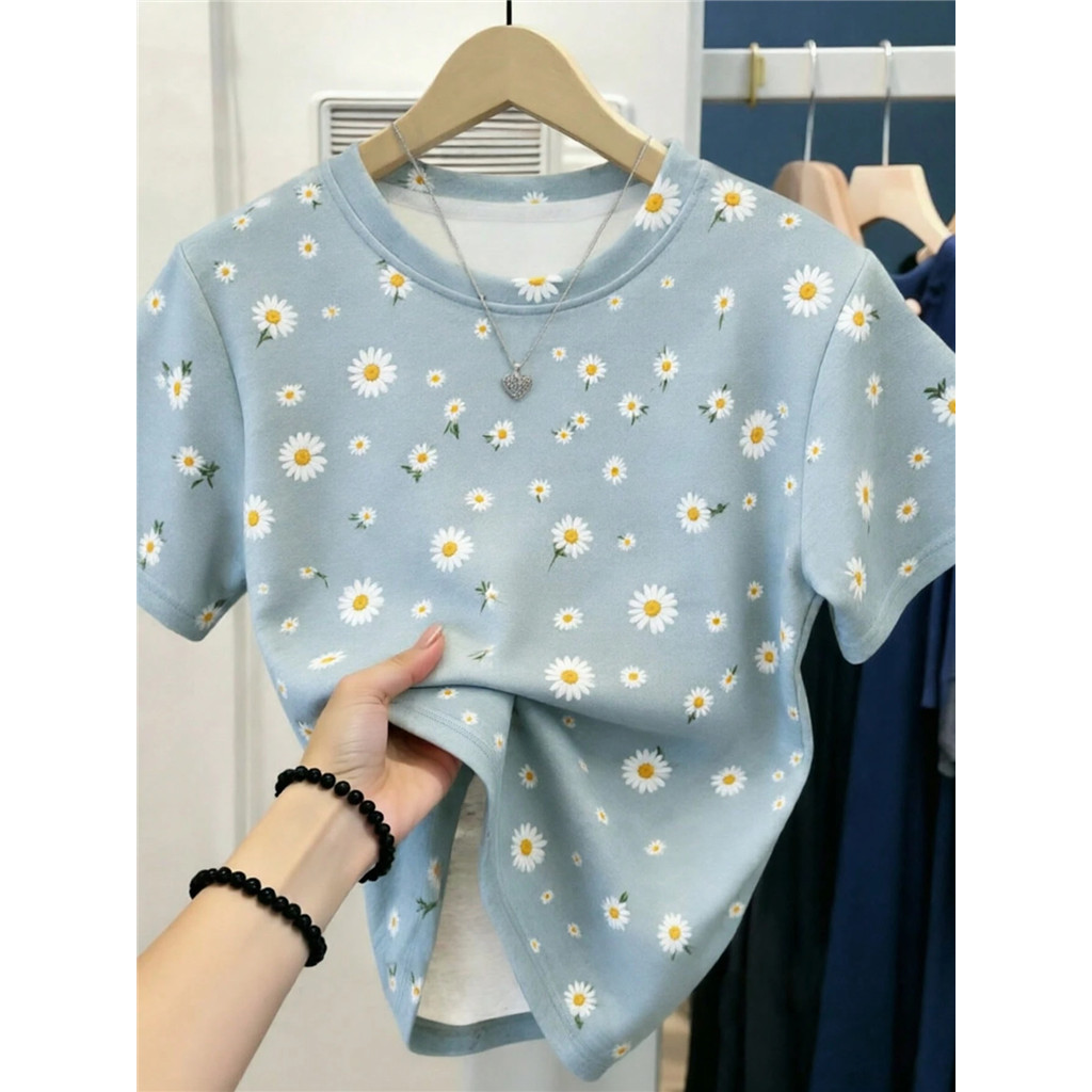 ยืดพิมพ์ลายดอกไม้เสื้อยืดกราฟิกเสื้อผ้าฤดูร้อนด้านบนของผู้หญิงด้านบนมีสไตล์เสื้อยืดความงามของขวัญสําหรับน้องสาวสําหรับคุณแม่ด้านบนสไตล์มินิมอลสบา