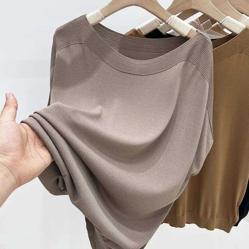 ▥ เสื้อยืดแขนสั้นถักไหมน้ําแข็งความยาวเดียวสําหรับผู้หญิง 2025 ฤดูร้อนใหม่เสื้อหลวมและทันสมัย