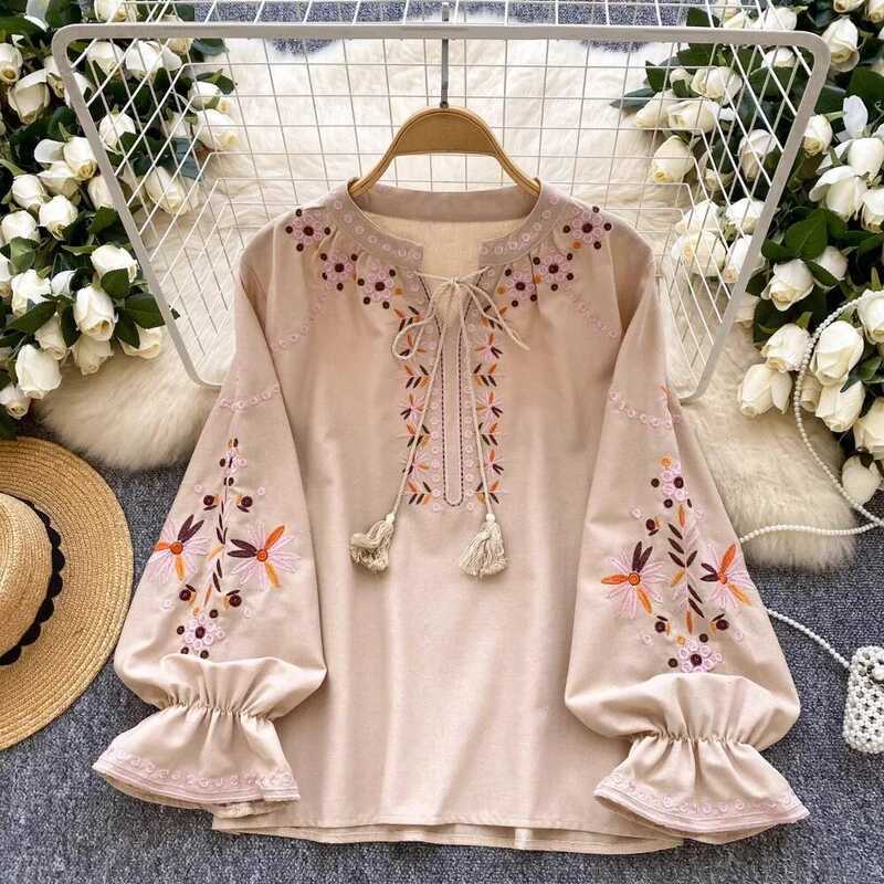 ▥ เกาหลีหวานall-Match Heavy Oคอblusasเย็บปักถักร้อยlace Up Flare Sleeveหลวมสบายๆropa Muje