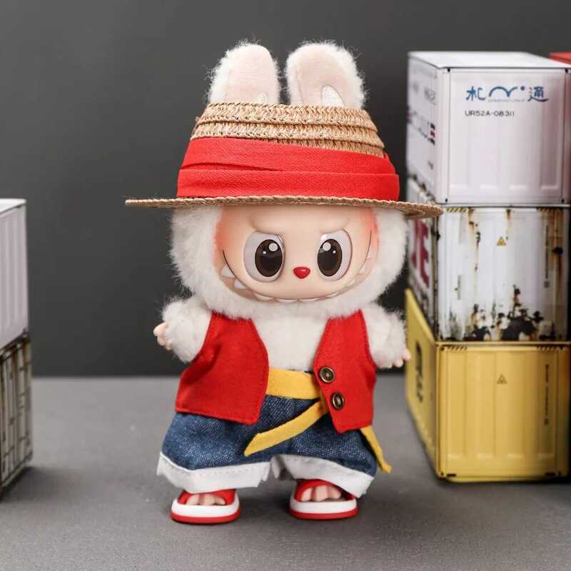 C New Labubu Doll Clothes Cartoon Hat Backpack Luffy Straw 4-Piece Set Mini Plush Doll Clothing Fas