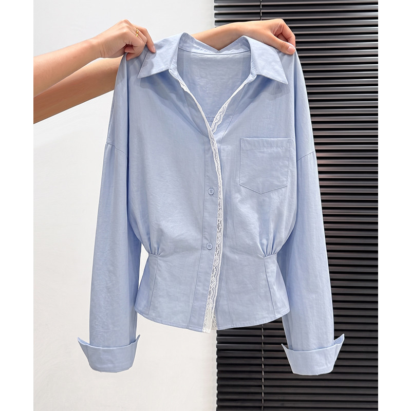 เสื้อเชิ้ตแขนยาวคอวีลูกไม้เย็บเอวแคบเข้ารูป     103629
