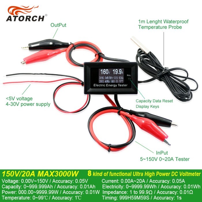 ATORCH DC 150V 20A Current Meters Digital Voltmeter Ammeter Voltage Amperimetro Watt Metercapacity