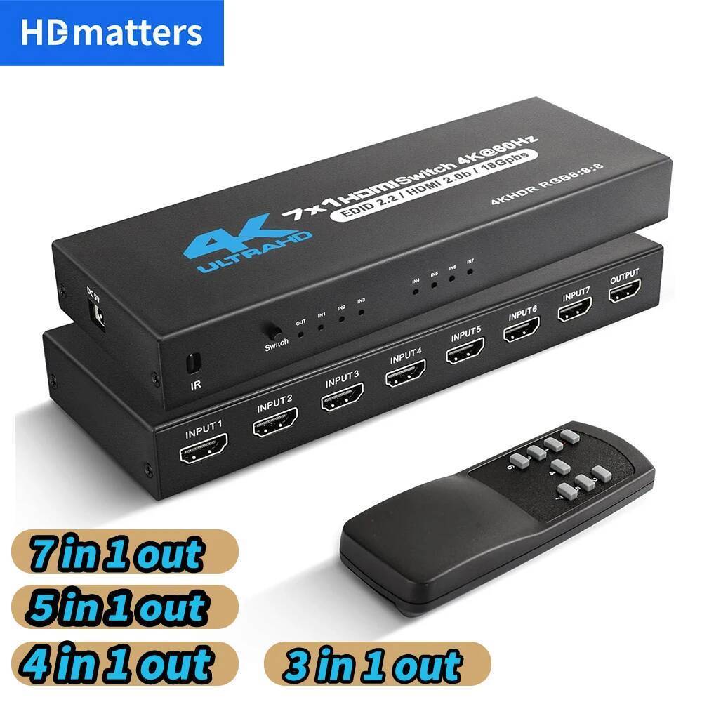 HDMI 2.0 Switch 7 in 1 out 4K 60Hz HDMI Switch 5X1/4X1 HDR HDMI 2.0 Switcher remote สําหรับ PS5 Xbox