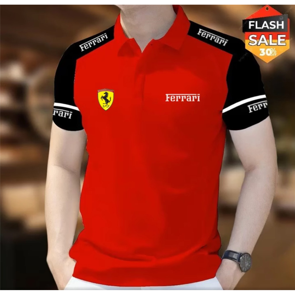 เสื้อโปโลผู้ชาย ลายโลโก้รถย้อนยุค สไตล์อาเซียน สวมใส่ง่ายสำหรับการขับรถและออกทริประหว่างวัน