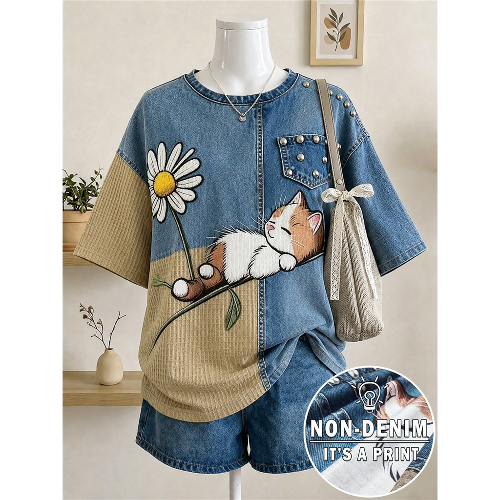 เสื้อยืดแขนสั้นลําลองผู้หญิง: คอกลม, กราฟิกแมว, Embellishment Pearl, พิมพ์ดิจิตอล