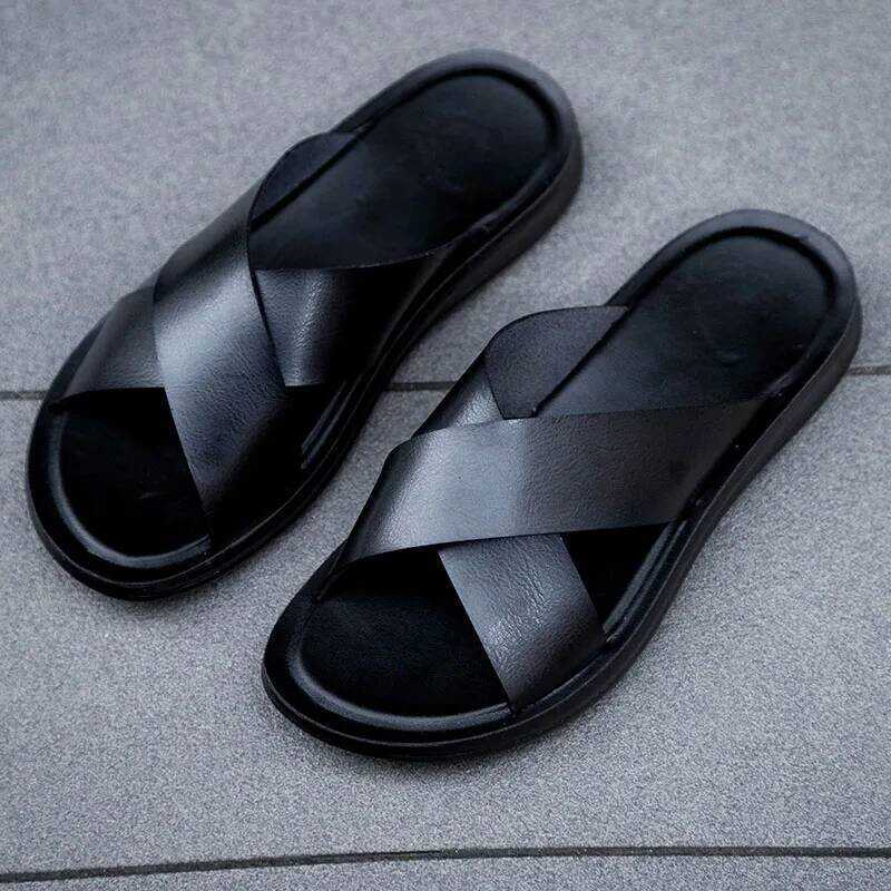 C Italian Leather Slippers For Men 2024 New Hotel Beach Summer Shoes High Quality Big Size 47 Slip
