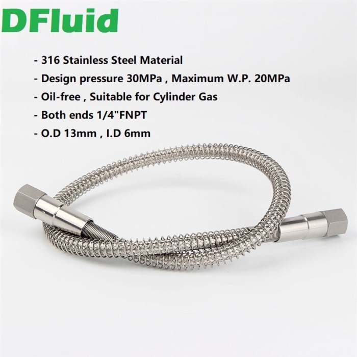 SS316 High Pressure Flexible Hose 20MPa 3000psig for Air/N2/O2/Ar/He/H2/CH4 GAS Cylinder 1m 2m 1/4F