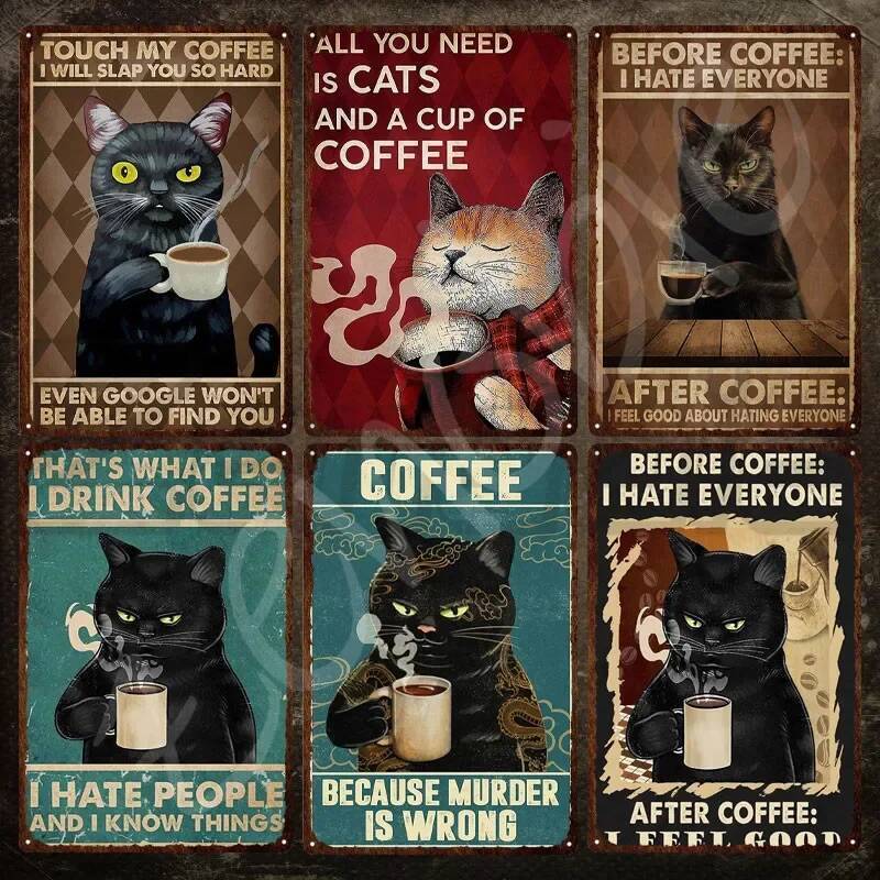 Vintage Metal Cat และ Coffee Wall Sign I Drink Coffee I Hate People และ I Know Things Perfect สําหรั