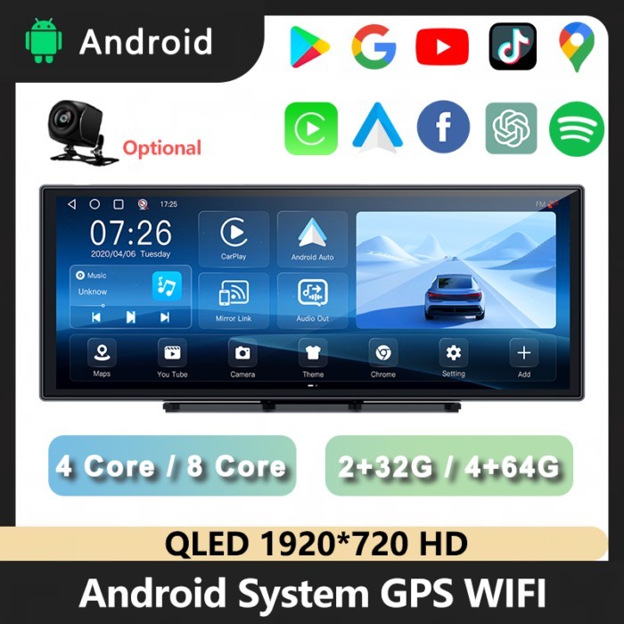 11.25inch Android14 8Cores 4+64G Android Auto Screen Wireless Carplay Monitor QLED Display WIFI Sma