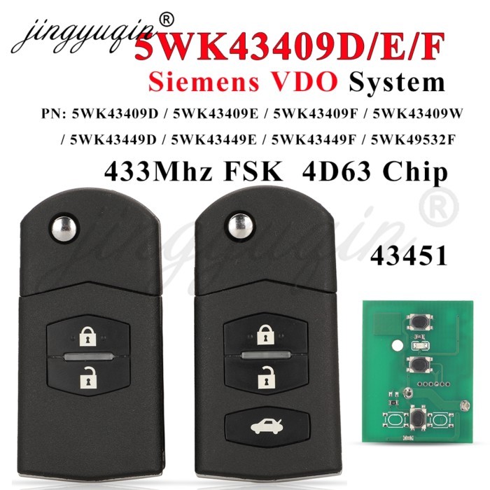 jingyuqin Siemens VDO Flip Car Remote Key for Mazda 2 3 5 6 CX-7 CX-9 MX-5 MPS 5WK43409D/E/F 5WK434