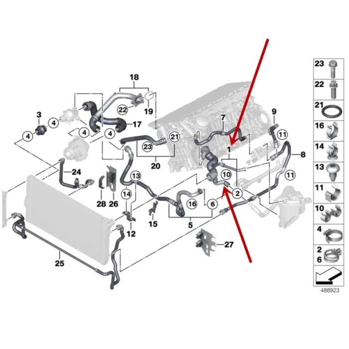 Upper Radiator House for BM F01 740i engine no. N54 Connects to the upper radiator port parts no, 1