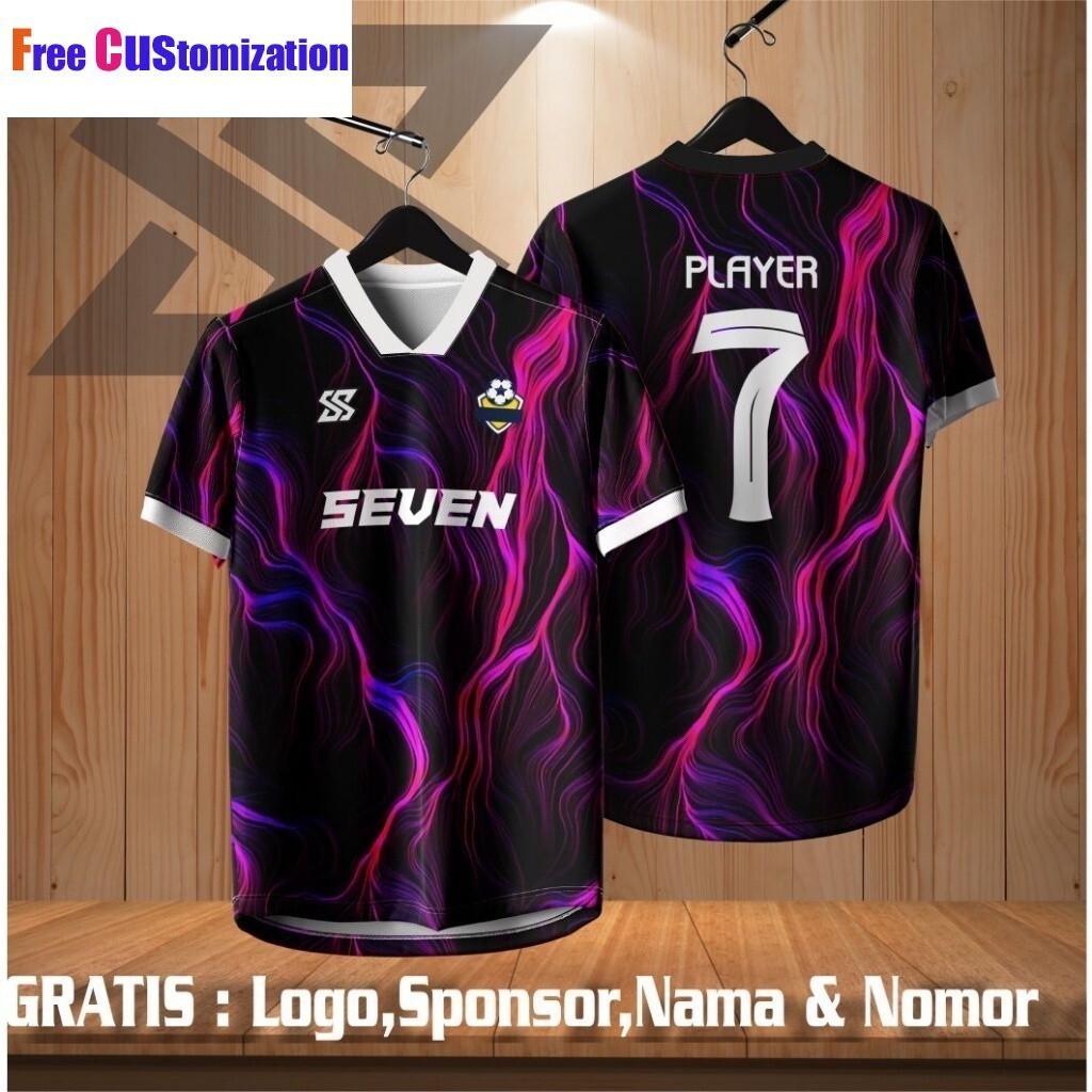 (READY STOCK) 2026 ใหม่! ออกแบบย์ฟุตซอล FIRE PURPLE prilang jersey ชื่อที่กําหนดเองเสื้อฟุตบอลสําหรับผู้ชายและผู้หญิง baju lelaki มาเลเซียทีมกีฬากลางแจ้ง Jersey Retro 3D