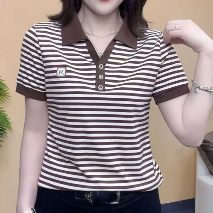 เสื้อยืดแขนสั้นลายผ้าไหมน้ําแข็งสำหรับผู้หญิง สวมใส่สบายในฤดูร้อน
