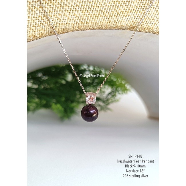 ♞[SN_P148] สร้อยคอ พร้อมจี้ไข่มุกแท้สีดำ 9-10mm ดีไซน์น่ารัก