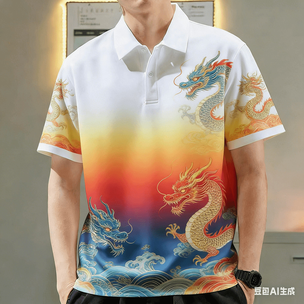 เสื้อโปโลผู้ชายสําหรับผู้ชายเสื้อผ้าจีนมังกรกราฟิกพิมพ์เสื้อลําลองแขนสั้นเสื้อโปโลกลางแจ้ง Street สว