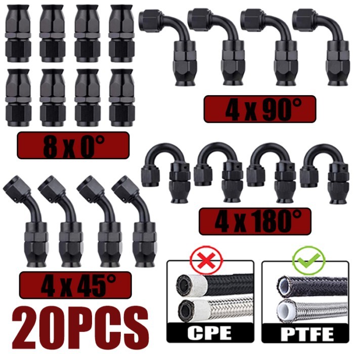 20Pcs Universal AN3 AN4 AN6 AN8 AN10 Straight 45 90 180 Degree Reusable Hose End Fittings Adapter F