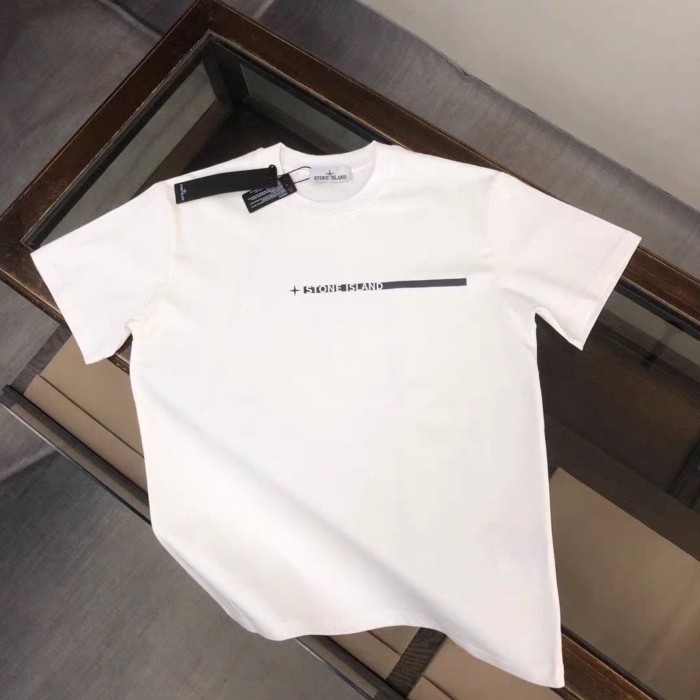 Stone Island เสื้อยืด Heavyweight ใหม่ Cross-border แบรนด์อินเทรนด์พิมพ์รอบคอผ้าฝ้ายแท้ Top Short-sl