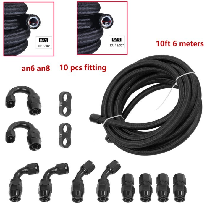 Black AN6 AN8 20ft Nylon Braided PTFE Fuel Line Black Kit w/ 10 PTFE Fuel Hose Fitting Adapter Kit