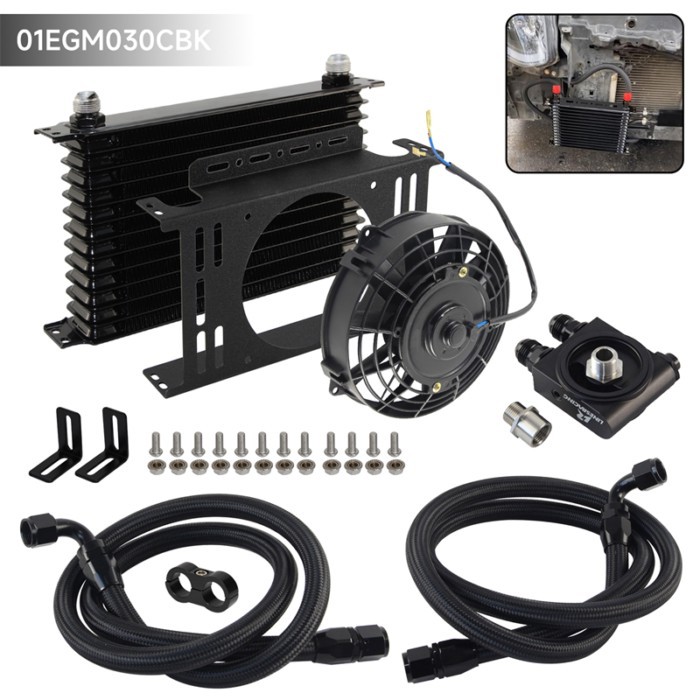 Universal Aluminum AN10 13 Row Oil Cooler Kit w/ Bracket + 7'' Electric Fan Kit Thermostatic 73±0.5