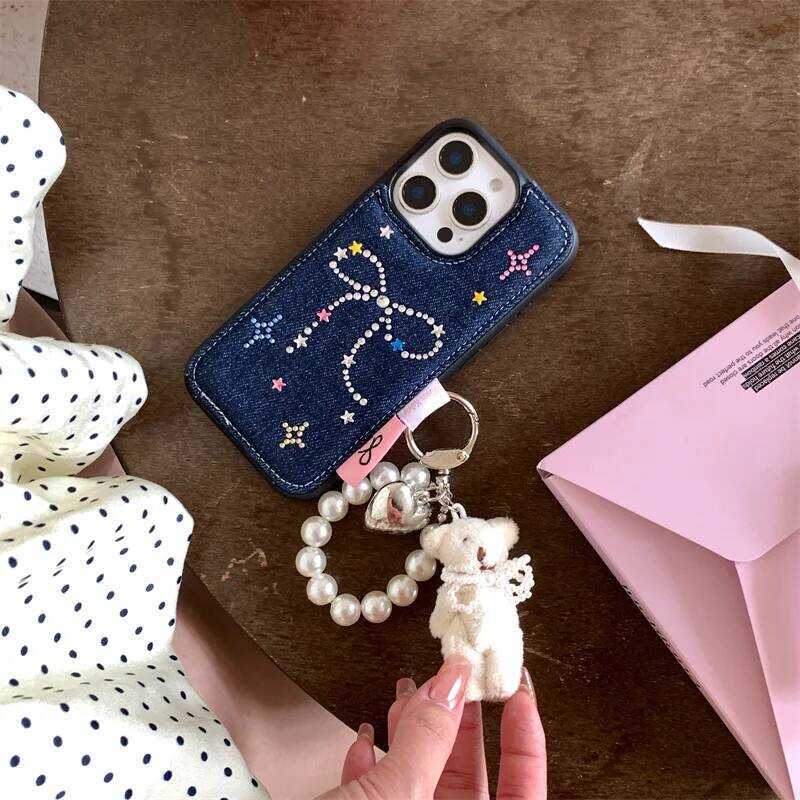 ▥ Koren Cute Dimond Bow Denim Phone Cse For Iphone 14 13 15 Pro Mx Cover With Plus Rbbit Keychi
