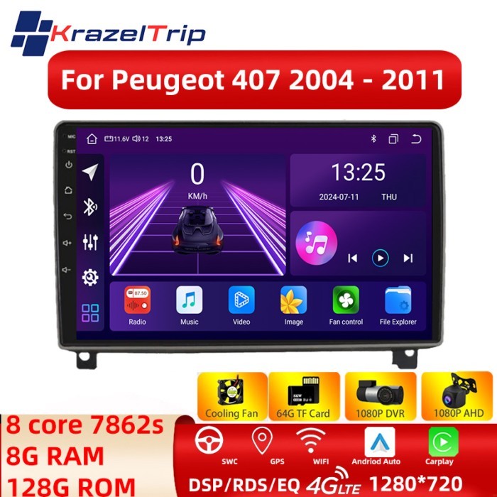 2 Din Android 13 Auto Intelligent 8-Core 7862s Car Radio for Peugeot 407 2004 - 2011 Streo Carplay