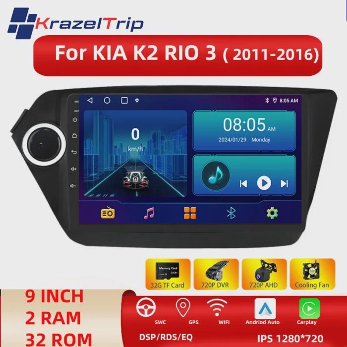 9 Inch 1280*720P Screen Car Radio Stereo Player for KIA RIO 3 K2 2011 2012 2013 2014 2015 CarPlay A