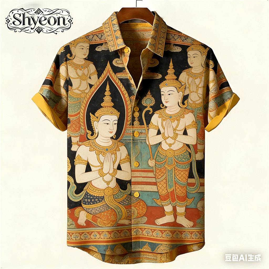 เสื้อเชิ้ตย้อนยุคสำหรับผู้ชาย พิมพ์ลายช้างแบบ 3 มิติ และการออกแบบสไตล์ชาติพันธุ์ สวมใส่สบายและโดดเด่น