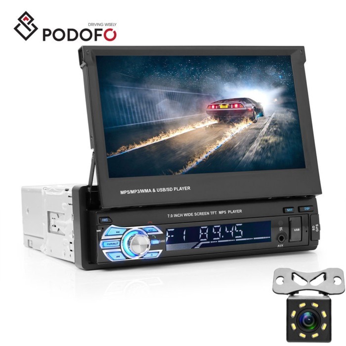 Podofo Car Audio Radio BT 1Din 7" HD Retractable Touch Screen MP5 SD FM USB 8 IR LED Rear View Came