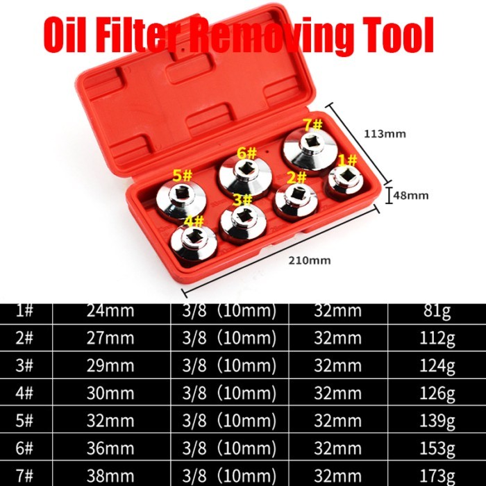 Oil Filter Cap Wrench Socket Set Tool Kit 7 Piece Metric 24 27 29 30 32 36 38mm 3/8" Drive With Cas