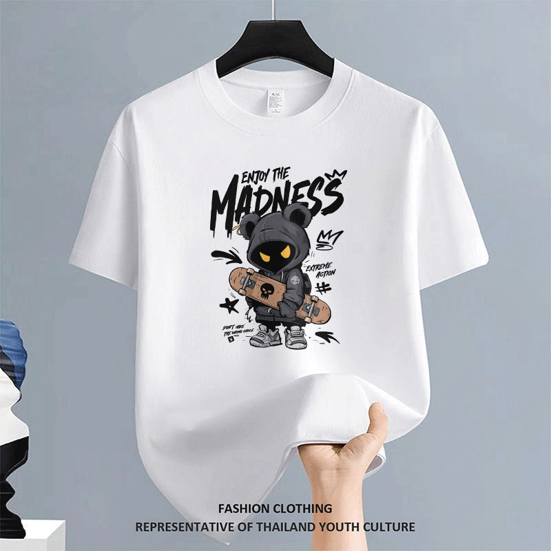1325 สตรีทแฟชั่น คอกลม ลายการ์ตูน เสื้อยืด NEW YEAR สีขาว-ดำ OVERSIZE CASUAL FASHION Christmas สีดําแขนสั้น