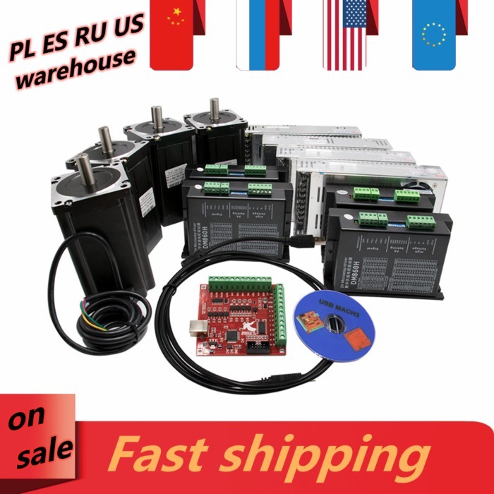4 kit 12N.m 6A NEMA 34 CNC Stepper Motor 86x156mm +DM860H Driver + Power Supply +Mach3 for CNC Rout
