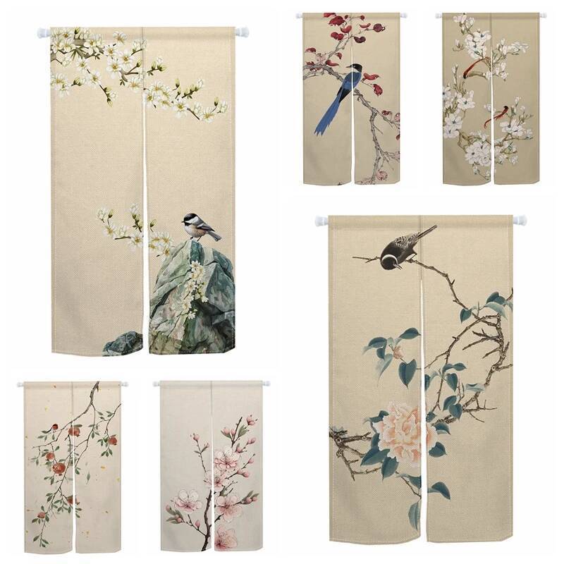 สไตล์จีน Noren ม่านประตู Peony Sparrow รูปแบบผ้าลินิน Doorway ผ้าม่านตกแต่งบ้าน Room Divider แยกแขวนครึ่งผ้าม่าน