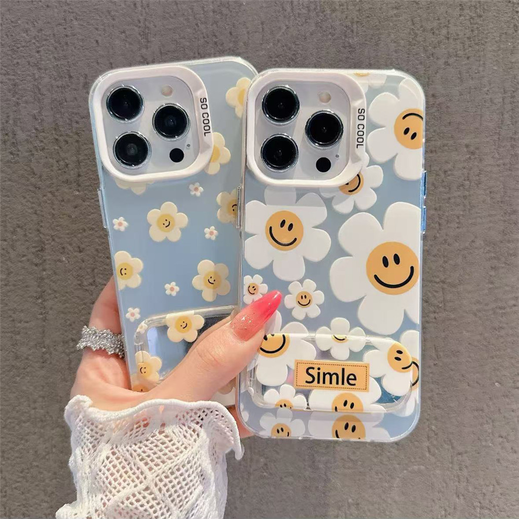 สําหรับ OPPO Reno 15F 15 14 14F 13F 12F 13 12 11 10 Pro 11F น่ารักยิ้ม Daisy ดอกไม้พับกระจกวงเล็บเคสโทรศัพท์ซิลิโคนกันกระแทกนุ่ม