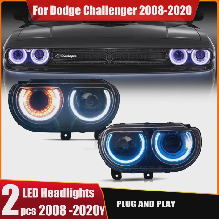 2pcs Headlights For Dodge Challenger 2008-2020 DRL Day Running Light Head Lamp LED Bi Xenon Bulb Fo