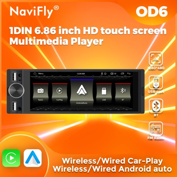 NaviFly 6.8 Inch 1280**480 HD Screen 1Din MP5 Carplay Android Auto Car Radio Stereo FM Audio System