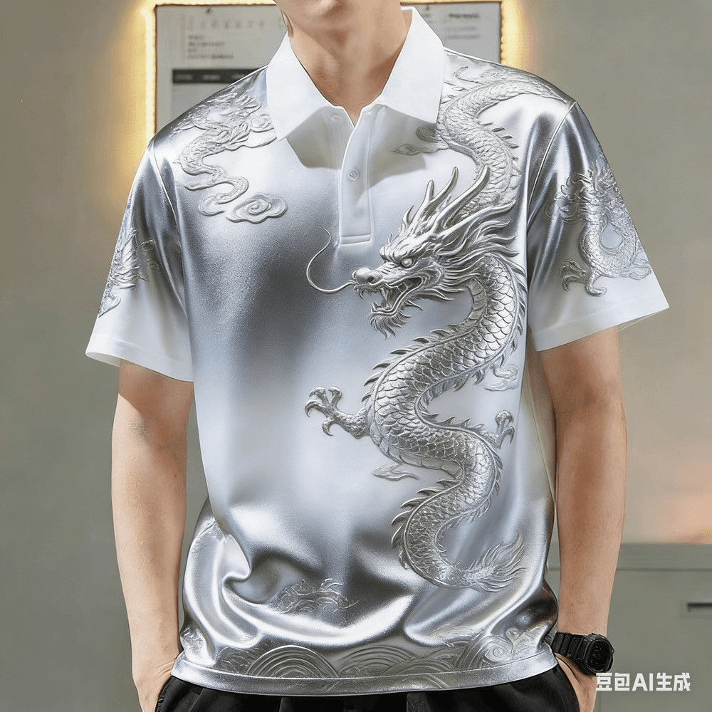เสื้อโปโลผู้ชาย เสื้อลำลองแขนสั้นลายมังกรจีน พิมพ์กราฟิกสวยงาม เหมาะสำหรับสวมใส่กลางแจ้ง