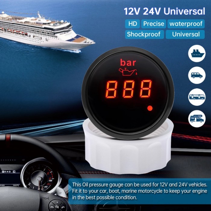 52mm Universal Oil Pressure Gauge 0-10 Bar Waterproof Marine Boat Car Oil Pressure Gauge Sensor NPT