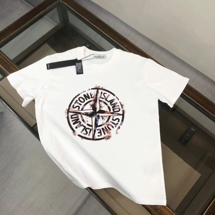 Stone Island ใหม่พิมพ์อินเทรนด์ผ้าฝ้ายแท้เสื้อยืดแขนสั้นลําลองสําหรับผู้ชายและผู้หญิงรอบคอ Cross-bor
