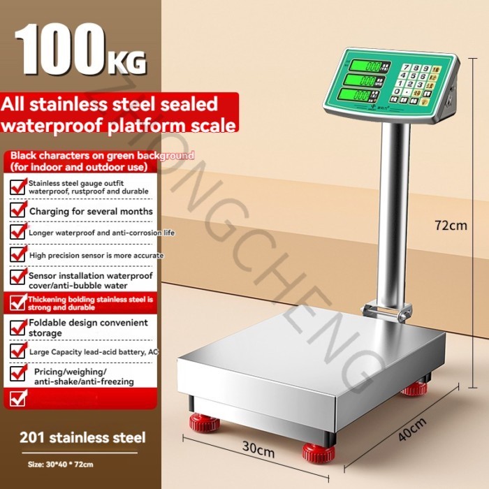 Commercial 200kg Foldable Scale Platform Scale, Stainless Steel Waterproof Electronic Scale 100kg E