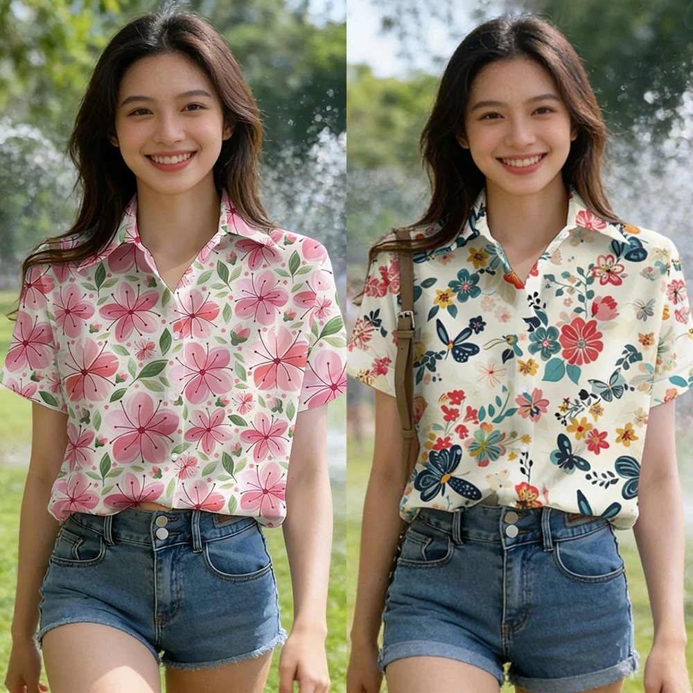 เสื้อเชิ้ตพิมพ์ลายดอกไม้สงกรานต์ แขนสั้นผ้าแห้งเร็ว