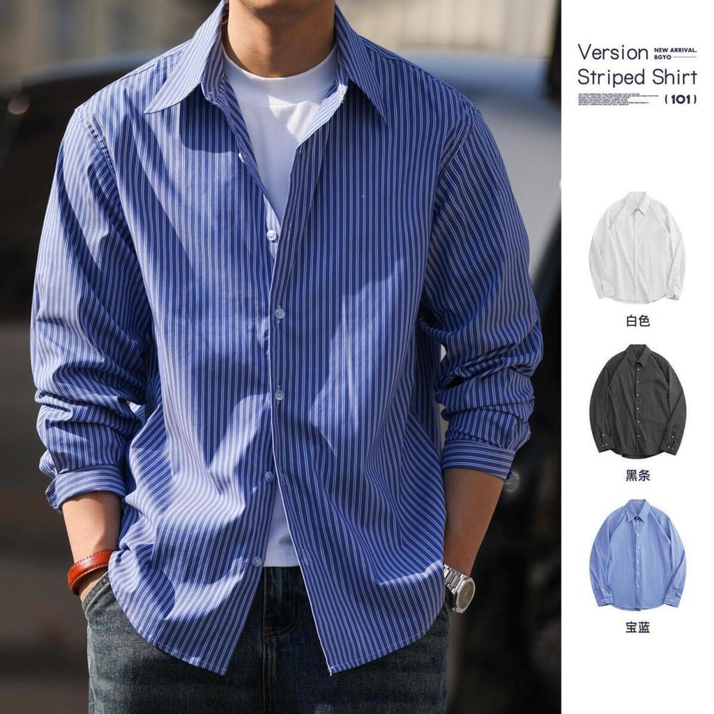 Wuluwear American Casual 110g Layered Striped เสื้อผู้ชายกว้างเล็กน้อยด้านใน Oxford Spinning เสื้อแขนยาวฤดูใบไม้ผลิ
