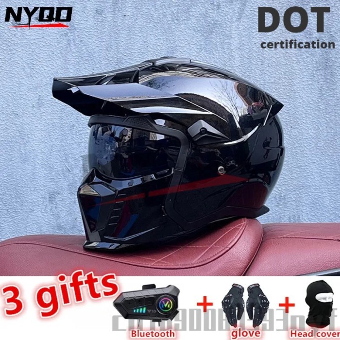 Orz Retro Helmet Black Warrior Combination Helmet Men's Motorcycle Full Helmet for Women cascos par