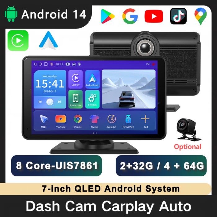 Android14 System 8core 4+64G 7inch Dashcamera Player Wireless Android Auto Carplay Screen Google Pl