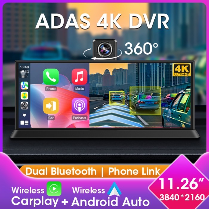 10/11.26" 4K ADAS Dash Cam 360° Rotate Front Len Car DVR Wireless Carplay Android Auto Adas GPS Nav