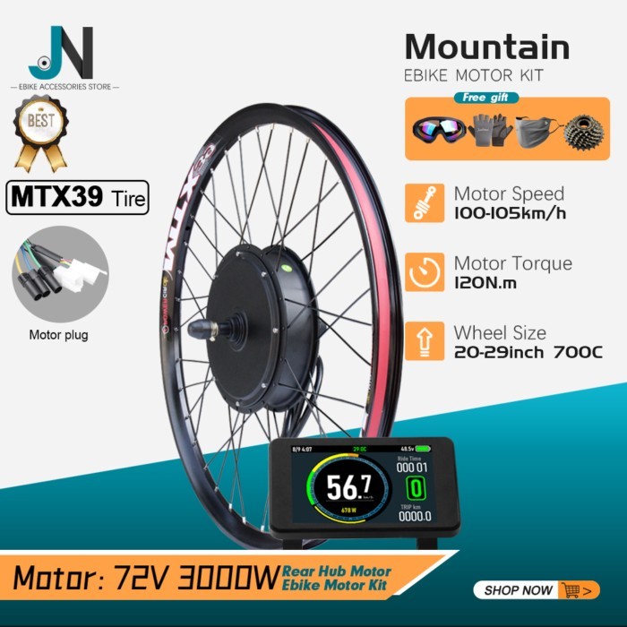 Electric Bike Conversion Kit 72V 3000W Brushless Rear Hub Motor Wheel MTX39 Rim Speed 100-105km/h f