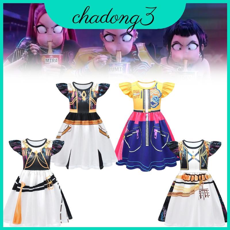 Kpop Demon Hunters Rumi Mira Zoey ชุดเดรสสําหรับเด็กผู้หญิงผ้าโพลีเอสเตอร์และองค์ประกอบการ์ตูนน่ารัก