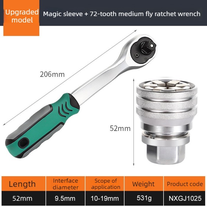 3/8 Inch 10-19mm Hexagonal Universal Sockets Adjustable Torque Ratchet Wrench Sockets Car Repair To